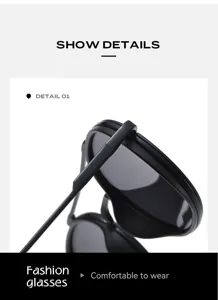 Close-up detail of black metal round frame sunglasses hinge design, premium craftsmanship.