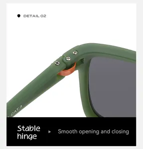 Close-up detail of green outdoor polarized sunglasses featuring a stable and durable hinge.