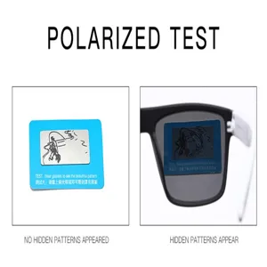 Détail de lunettes de soleil polarisées affichant une haute protection UV et test.