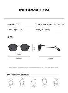 Metal round frame sunglasses model 8509 with TAC lenses, lightweight 23g design for daily wear.