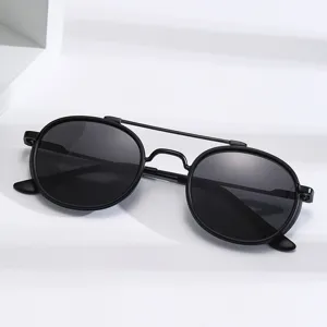 Retro double bridge round metal sunglasses for men and women UV protection black cycling sun glasses