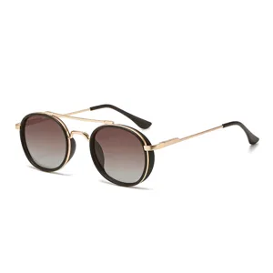 Vintage round double-bridge sunglasses for men and women with UV protection and metal frames.