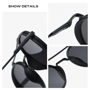 Metal round frame sunglasses for men and women with UV protection and folding hinge details.