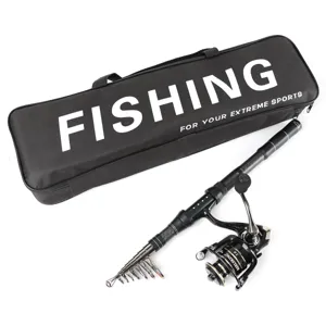 Carbon telescopic fishing rod and spinning reel set with portable storage carry bag.
