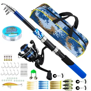 Conjunto Combo de Caña de Pescar Telescópica Portátil y Carrete Caña de Pesca de Mar Camuflaje con Línea y Señuelos Kit Completo
