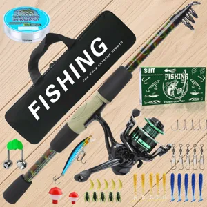 Juego de Caña de Pesca Telescópica Portátil Con Carrete Giratorio Bolsa de Pesca Señuelos Anzuelos Kit Completo de Aparejos de Pesca al Aire Libre