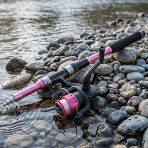 Telescopic fishing rod and spinning reel set displayed on rocky riverbank for outdoor use