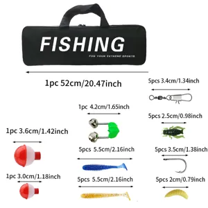 Set de pesca completo con bolsa de transporte, anzuelos, flotadores y varios accesorios.