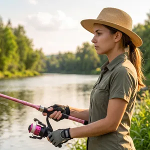 Close-up of a pink spinning fishing rod and reel set used by a woman fishing outdoors by a river.
