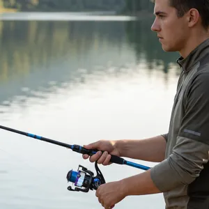 Detalle de la escena de pesca con carrete de spinning y caña de pescar junto al lago.