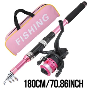 Pink telescopic fishing rod and spinning reel set with storage bag 180cm tackle gear