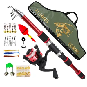 Portable telescopic fishing rod and reel combo set with storage bag and fishing accessories.