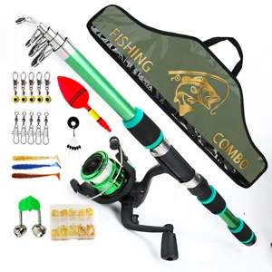 Portable telescopic fishing rod combo set with reel, bag and assorted fishing lures and hooks.