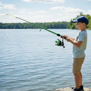 Detailed view of children telescopic fishing rod set used by a boy outdoors by the lake.