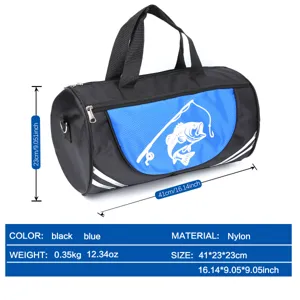 Detailed view of the black and blue nylon fishing duffel bag showing dimensions and specs.