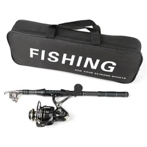 Carbon fishing rod and spinning reel set with portable storage bag for outdoor fishing.