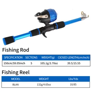 Kids fishing rod and reel combo detail view, portable telescopic pole with closed fishing reel.