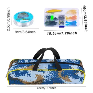 Set de aparejos de pesca portátil con bolsa de camuflaje, caja de señuelos y sedal.