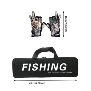 Fishing rod bag and camouflage half finger gloves set, fishing gear storage case with gloves.