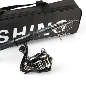 Carbon fiber telescopic fishing rod and spinning reel set with portable carrying case for travel.
