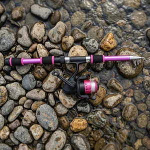 Roze draagbare telescopische vishengel met reel, gedetailleerd op rivierkeien.