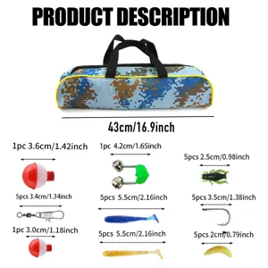 Kids outdoor fishing gear set with camo bag, floats, lures and hooks for beginners.