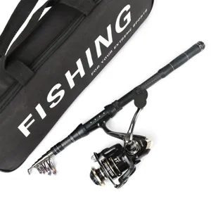 Carbon fishing rod and spinning reel set detail showing telescopic pole and storage bag.
