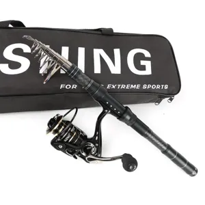 Carbon telescopic fishing rod and spinning reel combo set with storage bag for travel fishing.