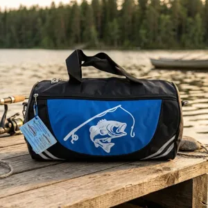Large capacity fishing duffel bag with knot instruction card, portable gear storage for outdoor travel.