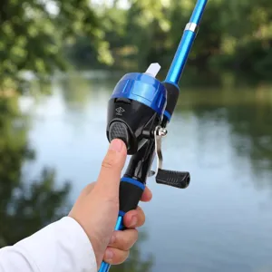 Detail view of a blue kids fishing rod with closed spincast reel for outdoor angling.