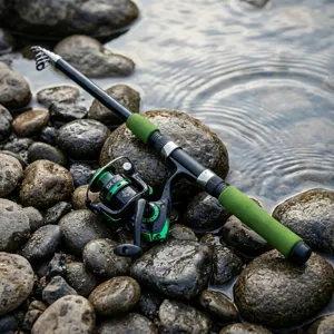 Detailed view of telescopic fishing rod and GX 2000 spinning reel on river rocks.
