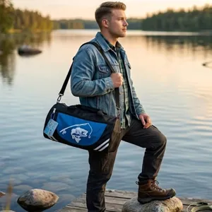 Outdoor fishing bag scene detail, showing large capacity and comfortable shoulder carry.