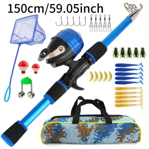 Kids telescopic fishing rod set with closed reel tackle bag and outdoor accessories