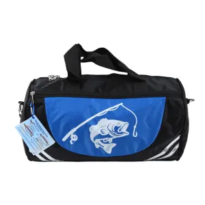 Portable fishing gear duffel bag with fishing rod graphic and instruction tag for travel.