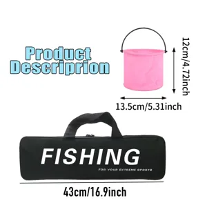 Portable folding fishing bucket and tackle bag set with dimensions for outdoor sports lovers.