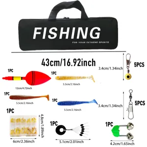 Complete fishing gear set with storage bag, soft baits, hooks, and accessories for outdoor.