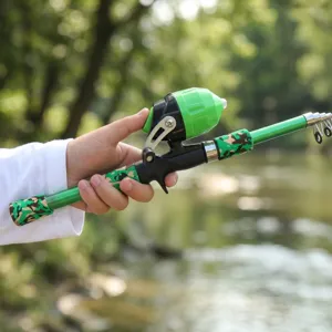 Close-up detail of children fishing rod with green closed reel and camo handle for outdoor fishing.