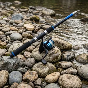 Close-up detail shot of a telescopic fishing rod and spinning reel set placed on river rocks.