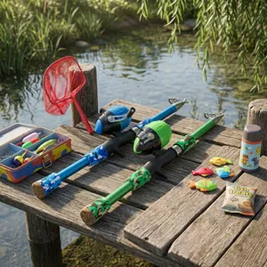 Children fishing rod detail, camo handle, closed reel, and colorful tackle accessories.