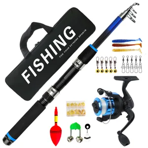 Telescopic fishing rod and spinning reel set with fishing bag, lures and hooks for travel.