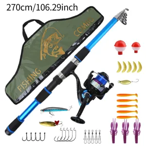 270cm fishing rod and spinning reel combo set with storage bag and various lures hooks