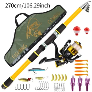 270cm fishing rod and reel combo set with portable bag, lures, hooks, and complete accessories.