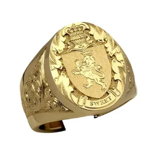 Gold Plated Crown Lion Shield Signet Ring Men Vintage European Carved Copper Ring
