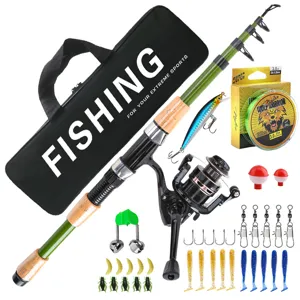Complete telescopic fishing rod set with spinning reel, bag, lures, and essential accessories.