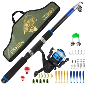 1.8M blue telescopic fishing rod combo with spinning reel, tackle bag and various lures.