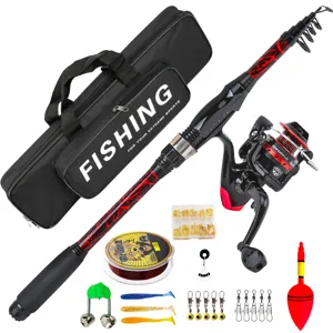 Telescopic fishing rod set with spinning reel, carrying bag, lines and lures for outdoor travel.