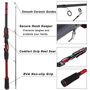 Detailed view of red fiberglass casting fishing rod with smooth ceramic guides and EVA grip.
