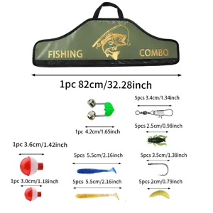Fishing rod bag and lure accessories set with complete sizes for outdoor fishing activities.