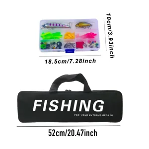 Conjunto de caja de aparejos de pesca y bolsa con varios cebos artificiales y almacenamiento.