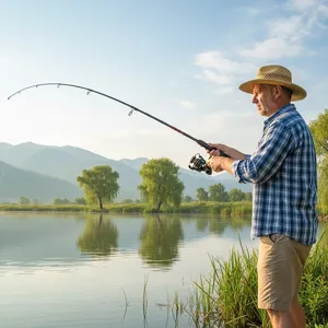 Detail view of a 4-section fiberglass fishing rod in use by a lake. Perfect gear for angling.